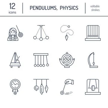 Vector line icon of pendulum types. Newton cradle, metronome, table pendulum Stock Illustration