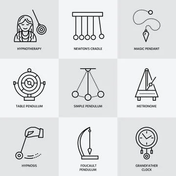 Vector line icon of pendulum types. Newton cradle, metronome, table pendulum 스톡 일러스트