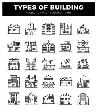 Vector line icon set of building types and architectural styles on a white .. Stock Illustration