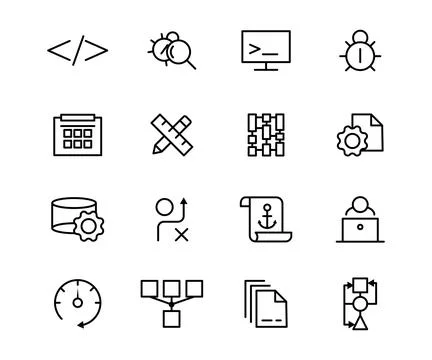 Vector line icon set development . Business technology web outline symbol a.. Stock Illustration