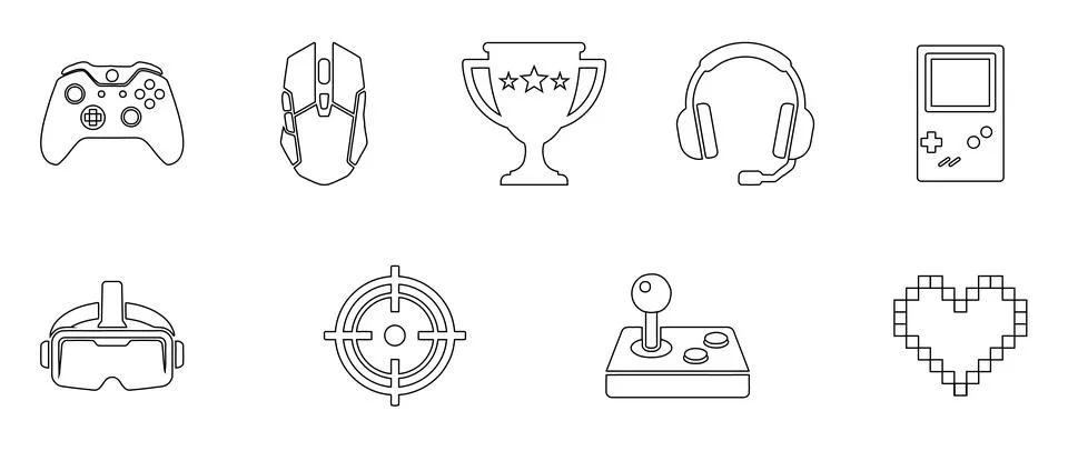 This vector line icon set illustrates various essential gaming and esports .. Stock Illustration