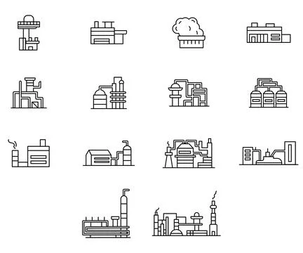 Vector line icon set industry building. Business outline factory constructi.. Stock Illustration