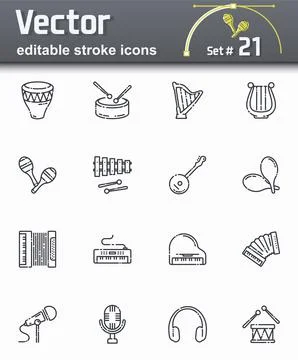 Vector line icon set of musical instruments isolated on transparent backgroun Stock Illustration