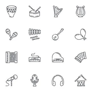 Vector line icon set of musical instruments isolated Stock Illustration