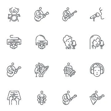 Vector line icon set of musicians playing variable musical instruments Stock Illustration
