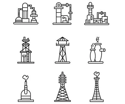 Vector line icon set oil industry building. Factory engineering symbol and .. Ilustración de archivo