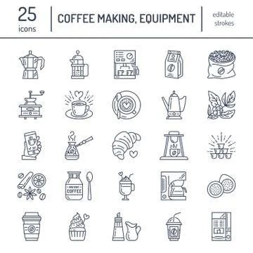 Vector line icons of coffee making equipment. Elements - moka pot, french press Stock Illustration