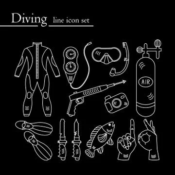 Vector line icons with diving equipment. Stock Illustration