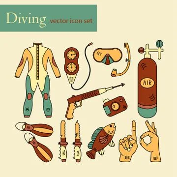 Vector line icons with diving equipment Stock Illustration