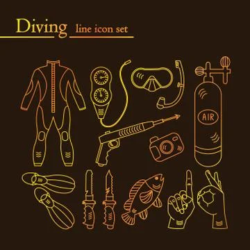 Vector line icons with diving equipment Stock Illustration