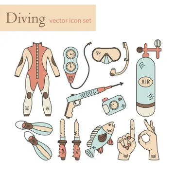 Vector line icons with diving equipment Stock Illustration
