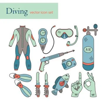 Vector line icons with diving equipment. Stock Illustration