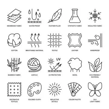 Vector line icons of fabric feature, garments property symbols. Elements - 스톡 일러스트