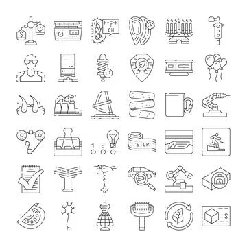 Vector line icons representing science, technology, and industry concepts Illustrazione stock