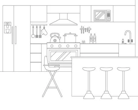 Vector Line Illustration of Interior of Kitchen with Furniture and Appliances Stock Illustration