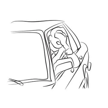 Vector line illustration of a man in traffic on a road Stock Illustration