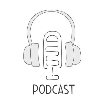 Vector line illustration text Podcast, mic and earphones. Can use for podcast Stock Illustration