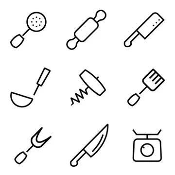 Vector line kitchen and cooking icons set Stock Illustration