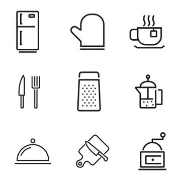 Vector line kitchen and cooking icons set Stock Illustration