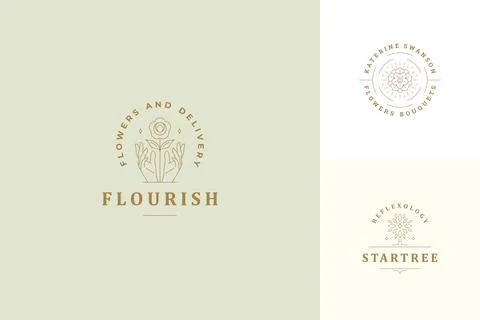 Vector line logos emblems design templates set - female gesture hands and r.. Stock Illustration