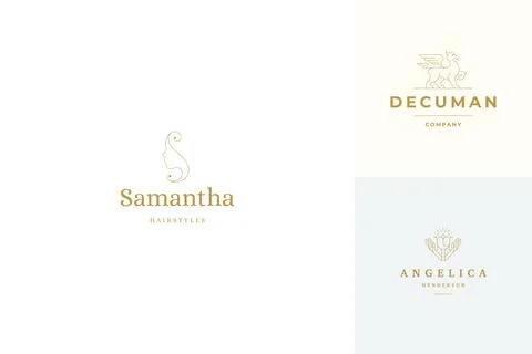 Vector line logos emblems design templates set - female face and gesture ha.. Stock Illustration