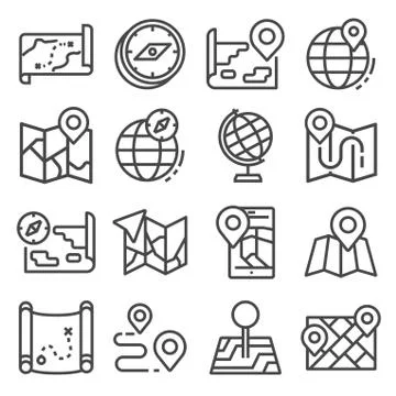 Vector line Map and Geo-location icons set Stock Illustration
