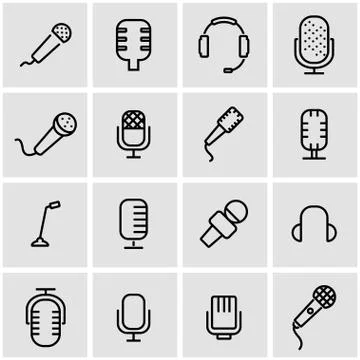 Vector line microphone icon set Stock Illustration
