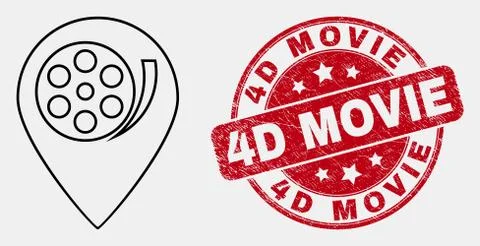 Vector Line Movie Map Marker Icon and Distress 4D Movie Seal Illustrazione stock