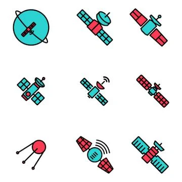 Vector line orbit satellite icons set Stock Illustration