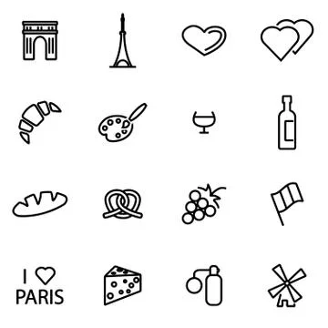 Vector line paris icon set Stock Illustration