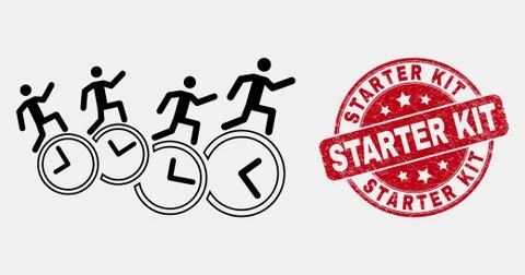 Vector Line People Run Over Clocks Icon and Scratched Starter Kit Watermark Stock Illustration