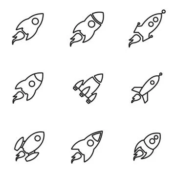 Vector line rocket icon set Stock Illustration