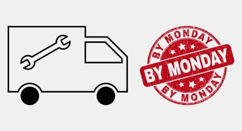Vector Line Service Van Icon and Grunge By Monday Stamp Illustrazione stock