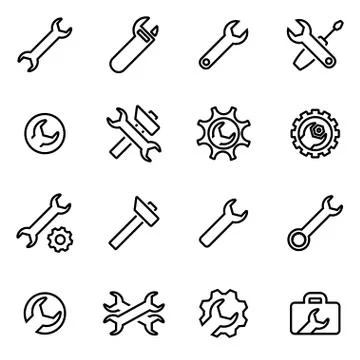 Vector line settings wrench icon set Stock Illustration