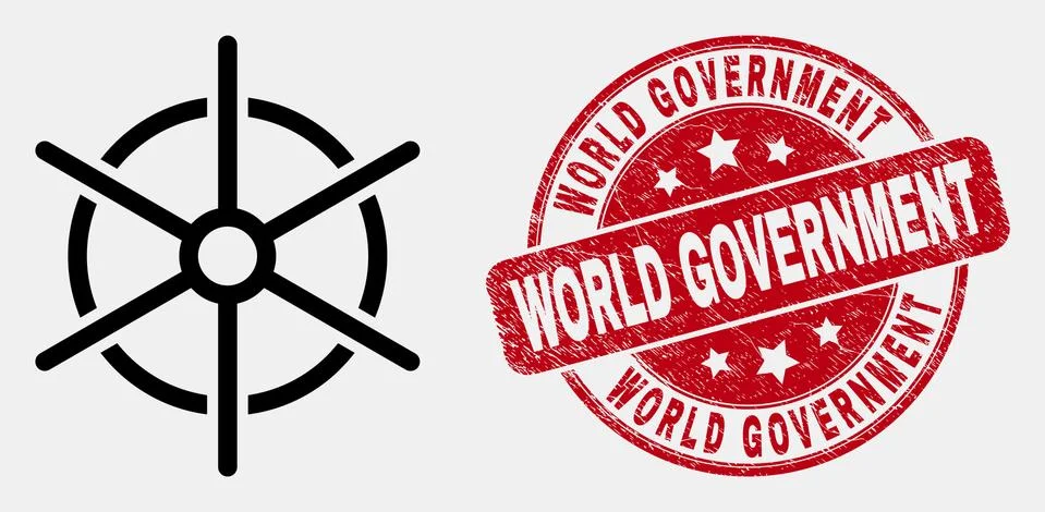 Vector Line Ship Rule Wheel Icon and Grunge World Government Watermark Stock Illustration