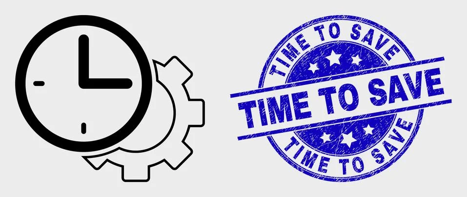 Vector Line Time Settings Gear Icon and Grunge Time to Save Watermark Stock-Illustration