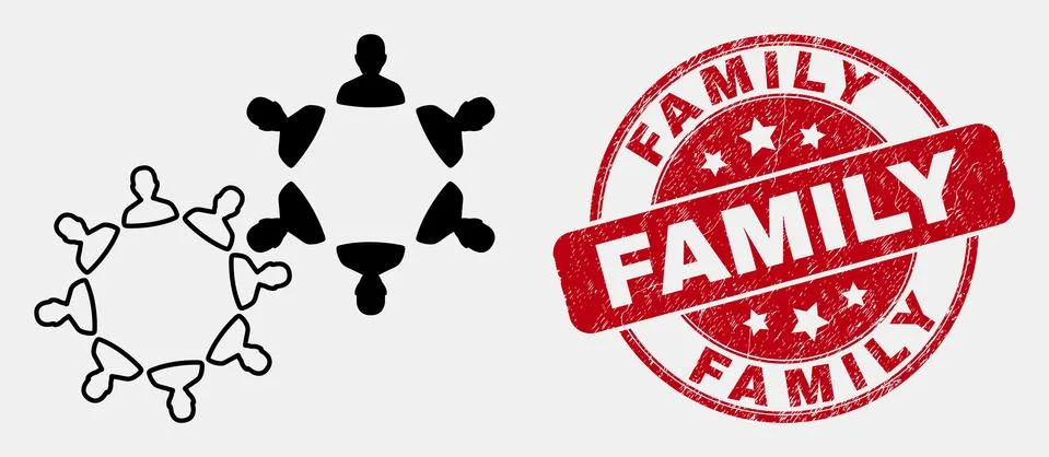 Vector Line User Collaboration Icon and Distress Family Stamp Seal Stock Illustration