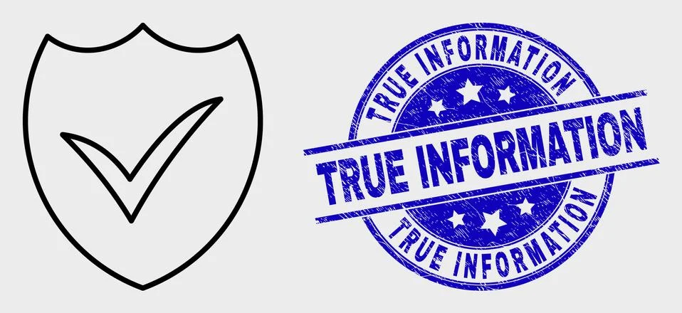 Vector Line Valid Shield Icon and Scratched True Information Watermark Stock Illustration