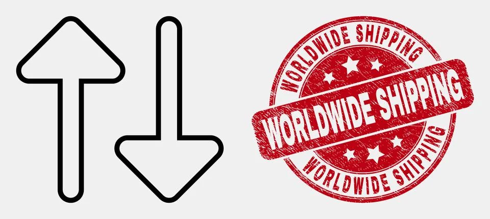 Vector Line Vertical Exchange Arrows Icon and Distress Worldwide Shipping Stamp 스톡 일러스트