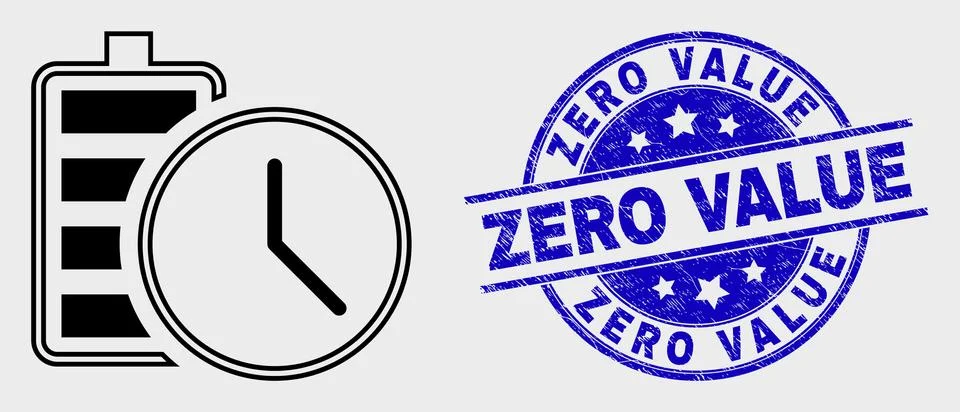 Vector Linear Battery Charge Time Icon and Scratched Zero Value Seal Illustrazione stock