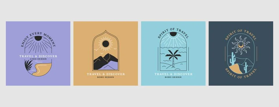 Vector linear boho emblems or travel logos with abstract mountain landscape Stock Illustration