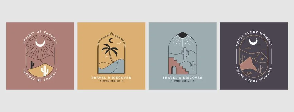 Vector linear boho emblems or travel logos with abstract landscape Stock Illustration