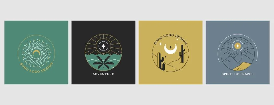 Vector linear boho emblems or travel logos with abstract mountain landscape Stock Illustration