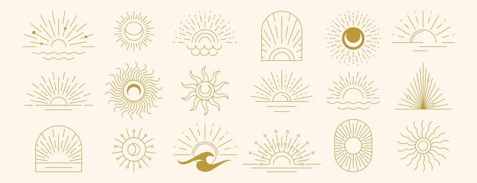 Vector linear boho moon, outline sun logo, light rays and esoteric symbols 库存插图