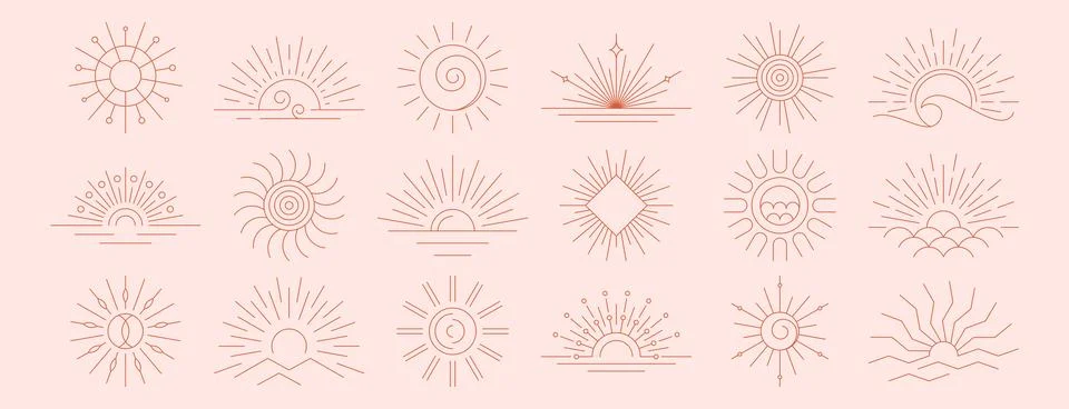 Vector linear boho sunrise logo, outline sunset symbols, sun rays or magic Stock Illustration