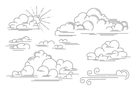 Vector linear clouds. Set of isolated contour images of clouds, wind and storm Stock Illustration