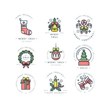 Vector linear design Christmas greetings elements on white background Stock Illustration