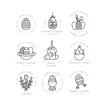 Vector linear design Easter greetings elements on white background. Typography Illustrazione stock