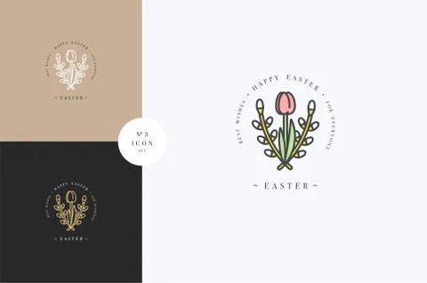 Vector linear design Easter greetings elements on white background. Typography Stock Illustration