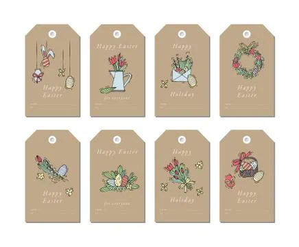 Vector linear design Happy Easter greetings elements on white background. Spring イラスト素材